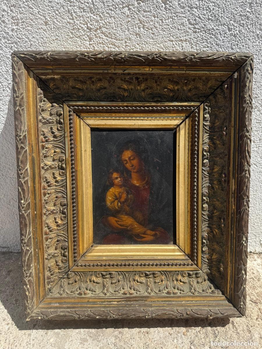 Arte: Virgen con ni&ntilde;o sobre chapa hojalata procedimiento IMPRESI&Oacute;N alem&aacute;n s XIX 39x34cms
