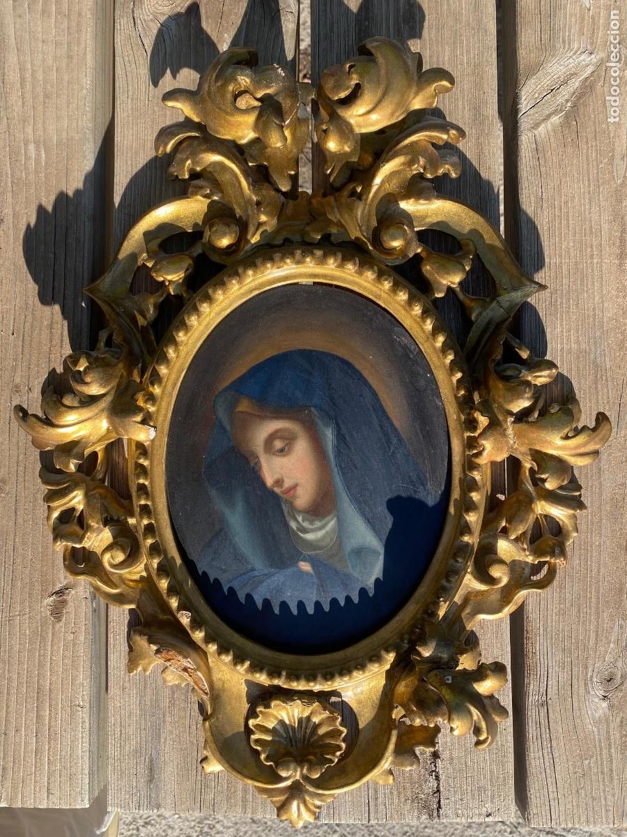 Arte: Mater dolorosa pintura &oacute;leo sobre tabla en Marco volutas 43x32cms S XIX