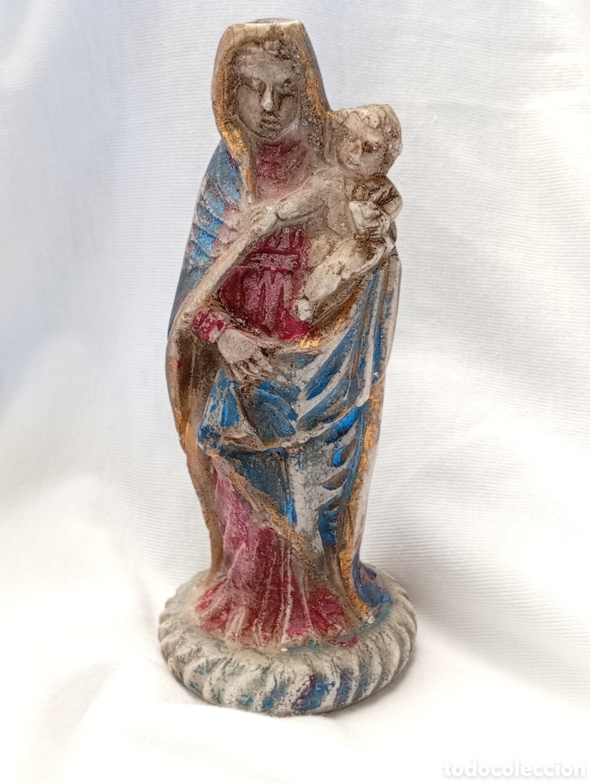 Arte: Virgen talla religiosa en alabastro o m&aacute;rmol con restos de pintura y dorados 12 cm