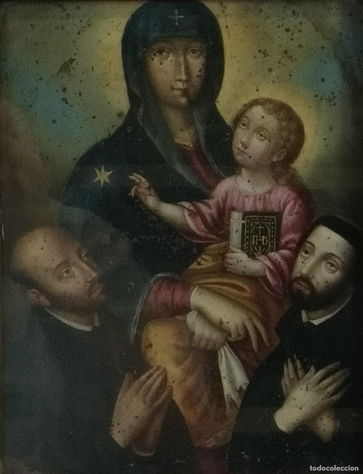Arte: VIRGEN MAR&Iacute;A CON EL NI&Ntilde;O JES&Uacute;S Y SANTOS O DONANTES JESUITAS. &Oacute;LEO SOBRE COBRE. ESPA&Ntilde;A. XVII-XVIII