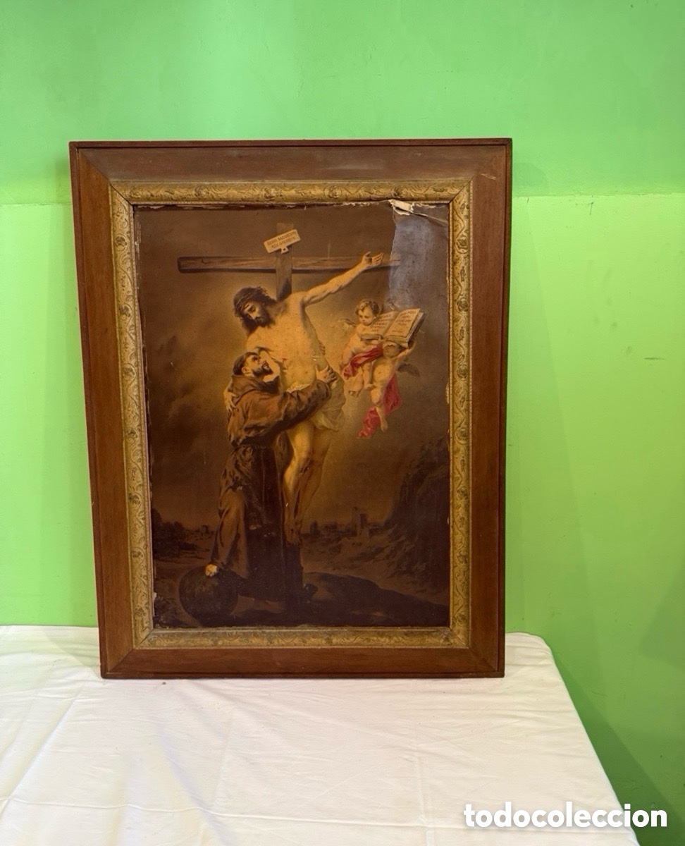 Arte: Antiguo cuadro religioso Cristo crucificado marco original siglo XIX 90x70 cm