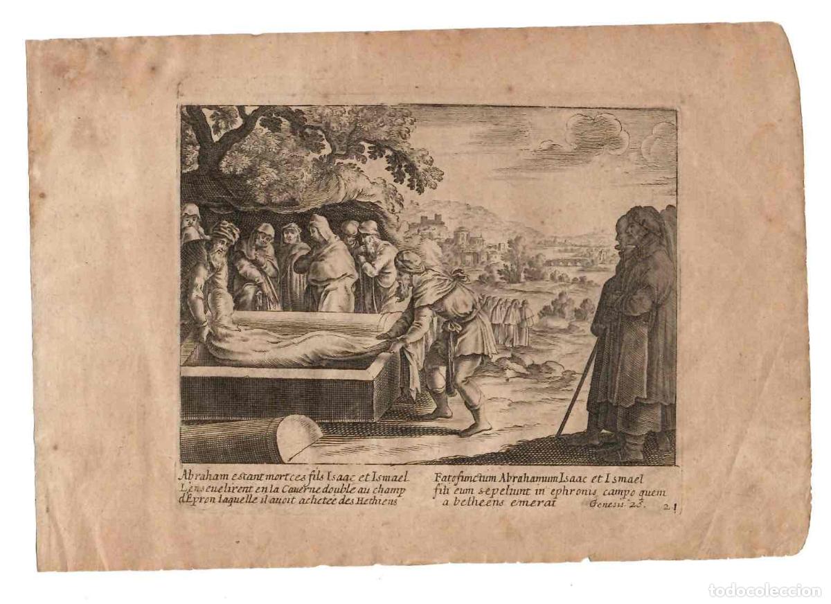 Arte: GRABADO RELIGIOSO SANTA BIBLIA. Isaac e Ismael colocando el cuerpo de Abraham en la tumba.