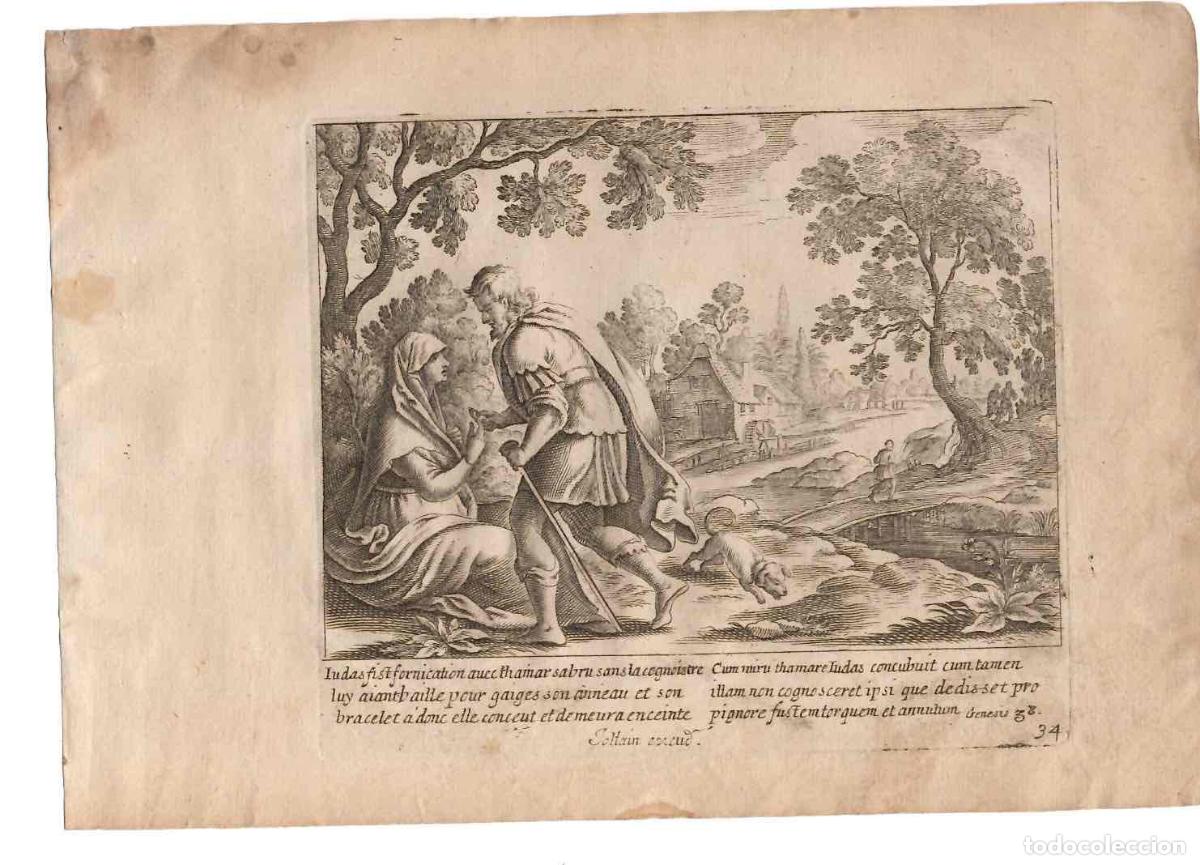 Arte: GRABADO RELIGIOSO SANTA BIBLIA. FORNICACION DE TAMAR CON SU SUEGRO