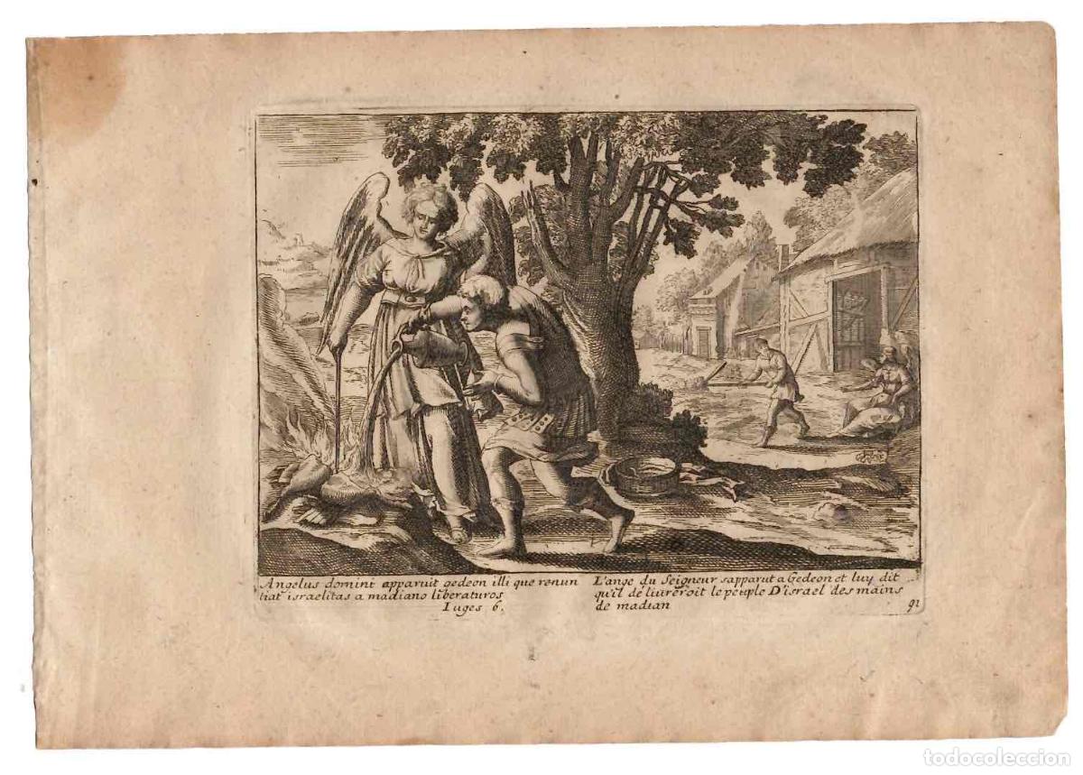 Arte: GRABADO RELIGIOSO SANTA BIBLIA. EL ANGEL APARECIENDO A GEDEON. A&Ntilde;O 1670