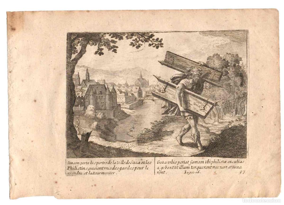 Arte: GRABADO RELIGIOSO SANTA BIBLIA. SANSON LLEVANDO LAS PUERTAS DE LA CIIUDAD DE GAZA. A&Ntilde;O 1670