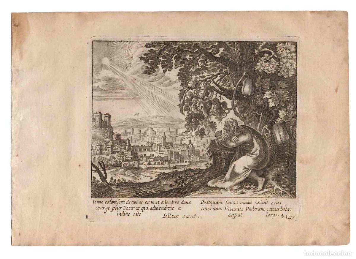 Arte: GRABADO RELIGIOSO SANTA BIBLIA. ENOJO DE JONAS CONTRA DIOS. A&Ntilde;O 1670
