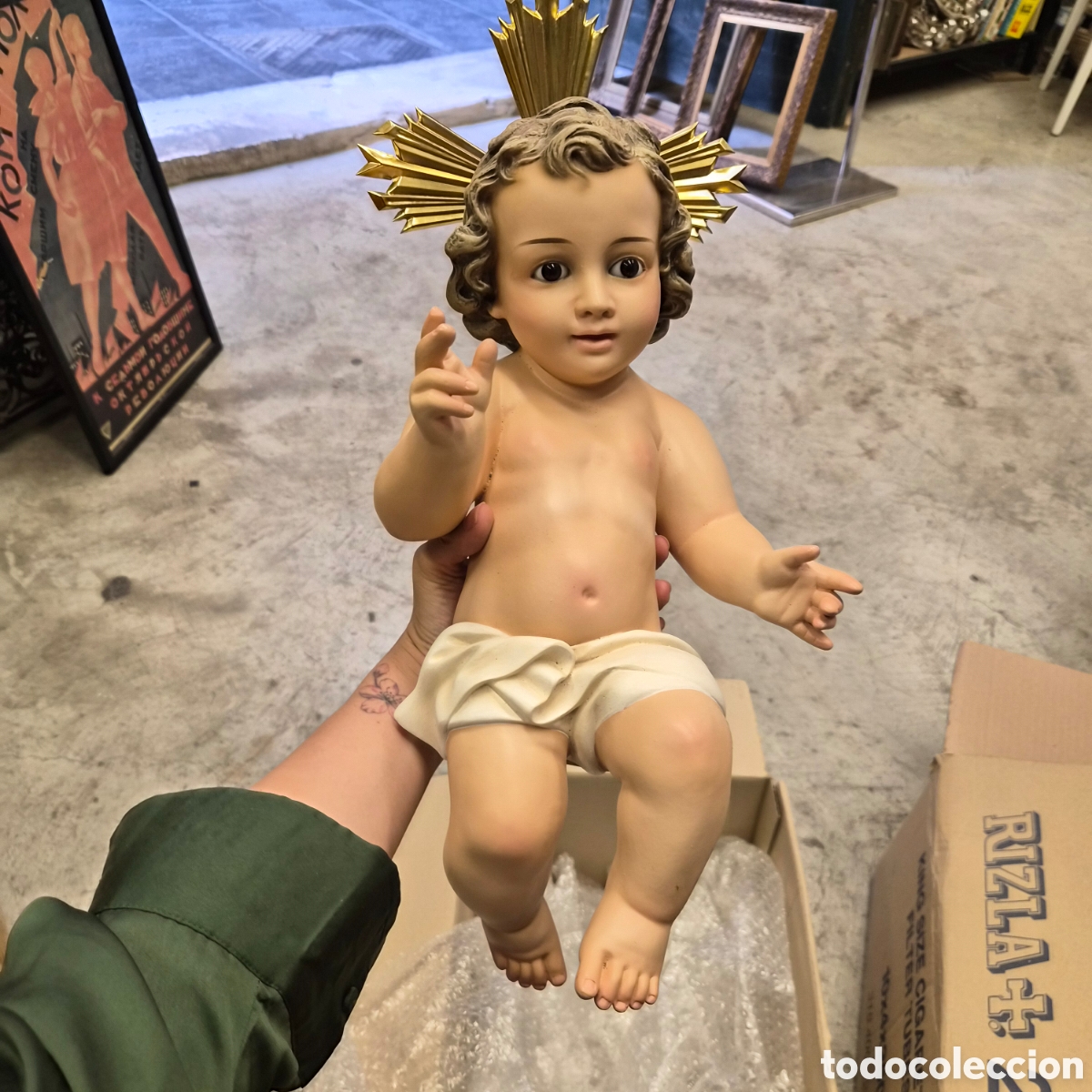 Arte: Ni&ntilde;o Jesus de Olot gran tama&ntilde;o 45.cm escayola ojos cristal sello de taller