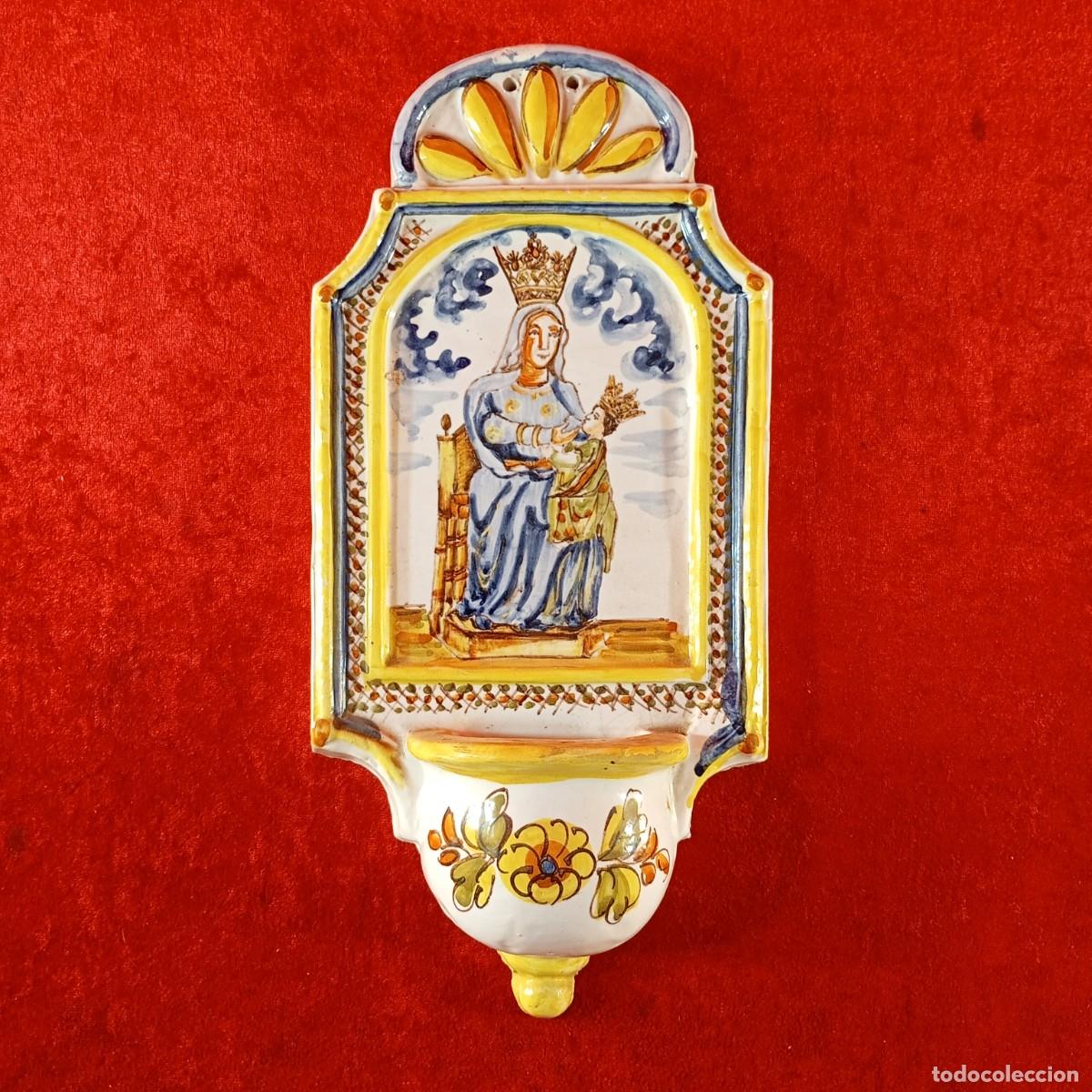 Arte: BENDITERA DE BANYOLES - BA&Ntilde;OLES - PINTADA A MANO - VIRGEN CON EL NI&Ntilde;O - RELIGIOSA - 34 X 15,5 CM