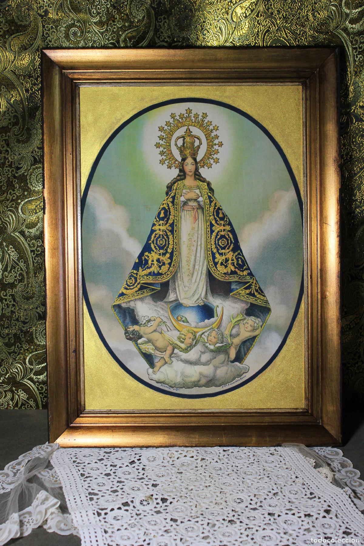 Arte: Antigua Serigrafia de la Virgen, Cuadro Virgen Enmarcada, Seda Serigrafiada, Serigrafia