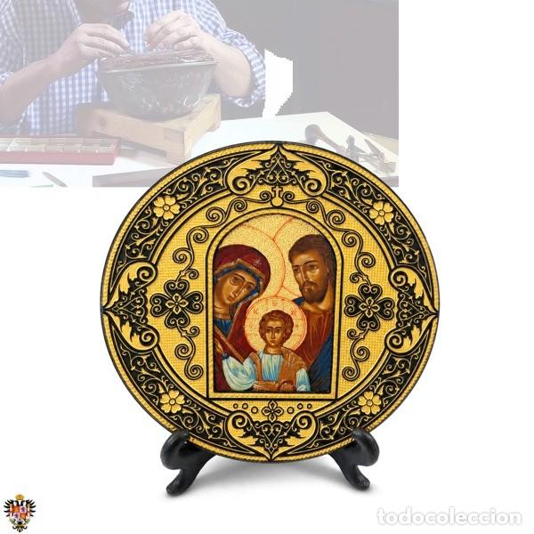 Arte: PLATO ICONO SAGRADA FAMILIA DAMASQUINADO ORO 24K + SOPORTE