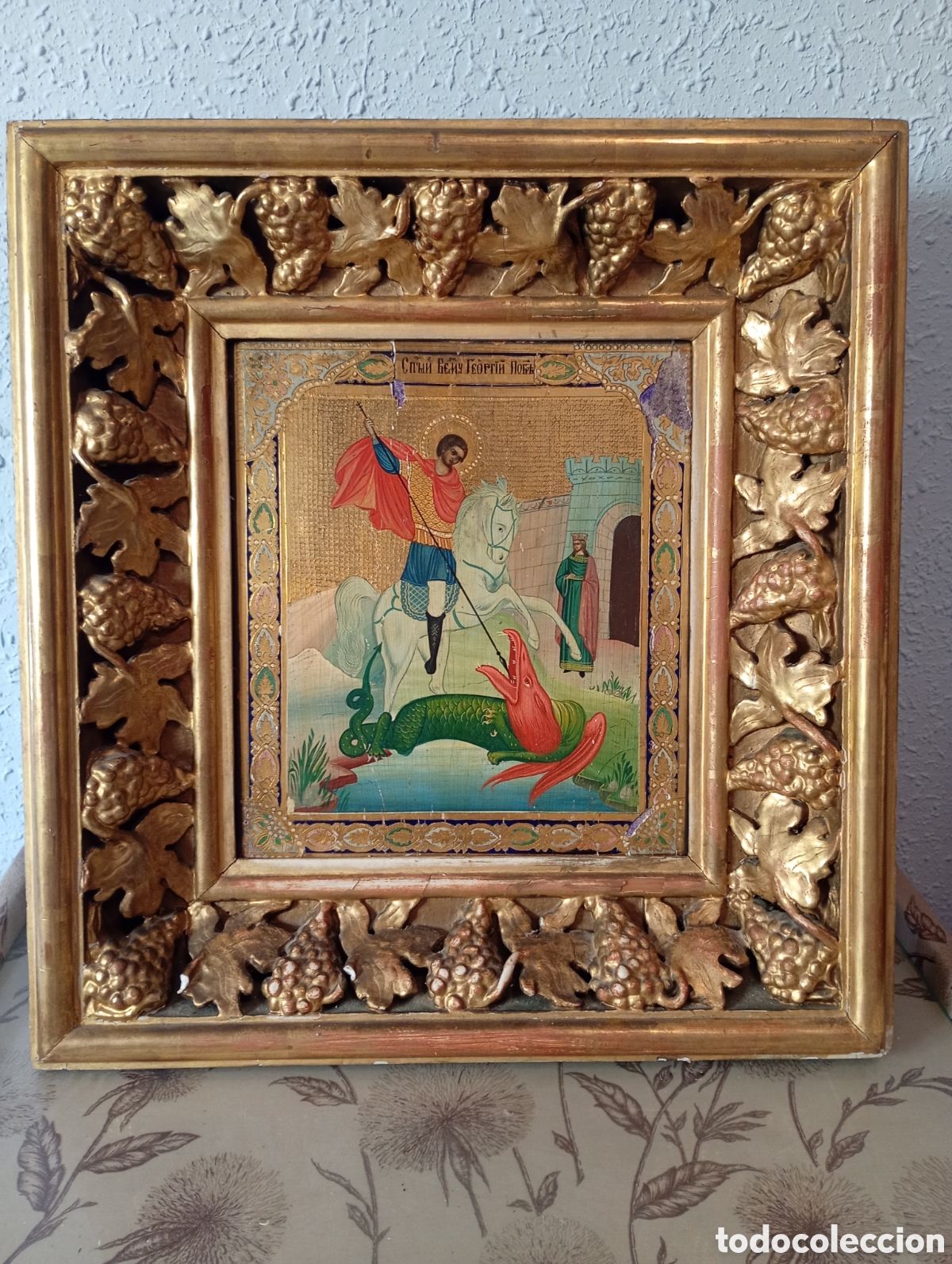 Arte: Icono, posiblemente de origen ruso. San Jorge (Sant Jordi) con la princesa. S. XIX-XX