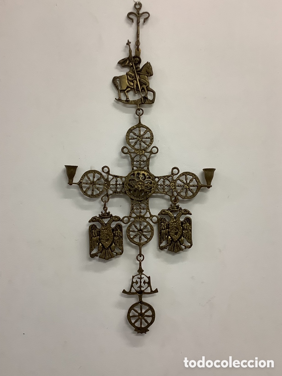 Arte: CRUZ DE BRONCE CANDELABRO ORTODOXO RUSO BIZANTINO CON SAN JORGE PROTECTOR DE HOGARES