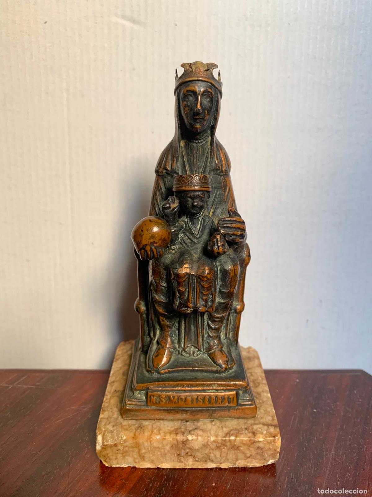 Arte: Antigua Figura de la Virgen de Montserrat (La Moreneta) - Bronce Macizo y M&aacute;rmol - 469 gr - 14 cm -