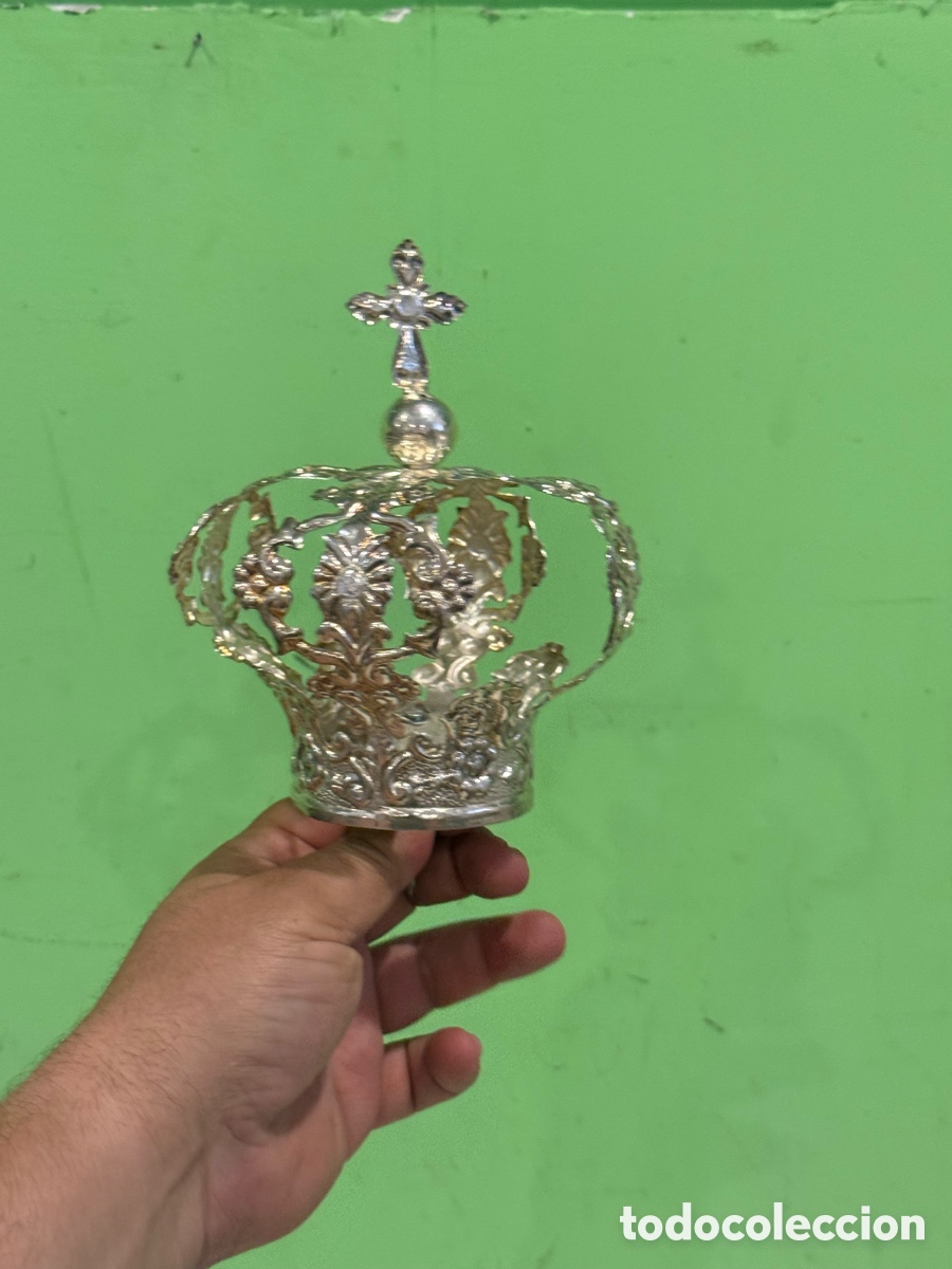 Arte: Corona antigua de metal plateado para Virgen Ni&ntilde;o Jes&uacute;s o imagen religiosa 5,3 cm