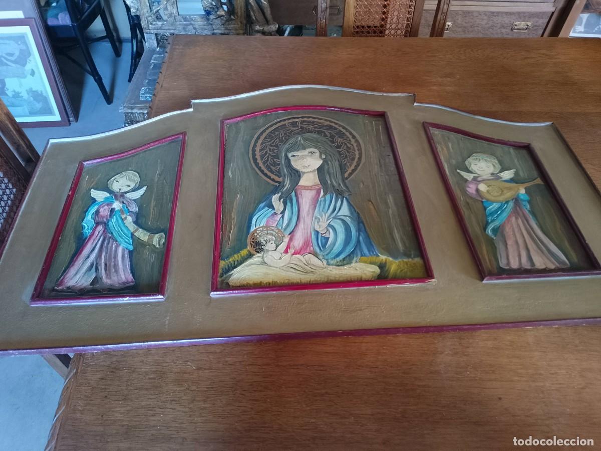 Arte: Antiguo tr&iacute;ptico religioso pintado a mano 1975
