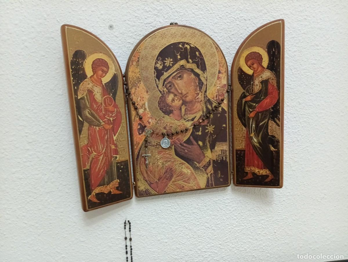 Arte: Tr&iacute;ptico religioso vintage &ndash; Virgen con Ni&ntilde;o y &aacute;ngeles (iconograf&iacute;a bizantina)