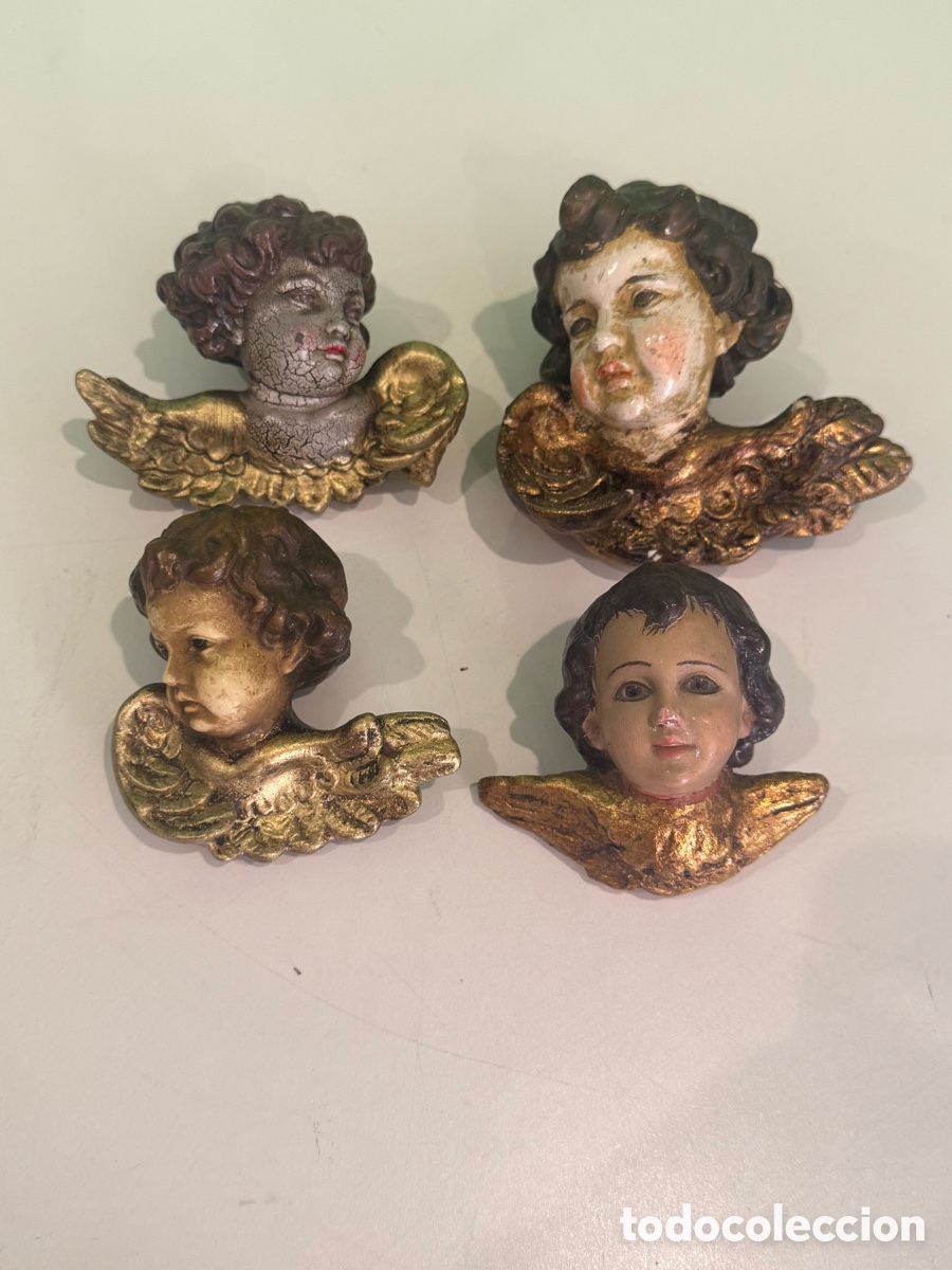 Arte: Lote 4 querubines &aacute;ngeles ornamentales policromados y dorados finales siglo XIX/XX