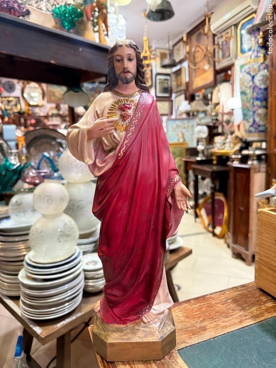 Arte: ANTIGUO CRISTO SAGRADO CORAZON DE JESUS DE OLOT CON OJOS DE CRISTAL - MEDIDA 42 CM - RELIGIOSO