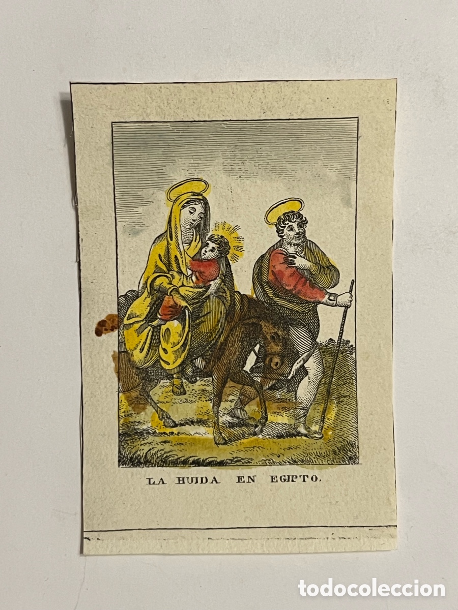 Arte: LA HUIDA A EGIPTO. Grabado litogr&aacute;fico coloreado.. an&oacute;nimo&hellip; (fin siglo XIX) Med&iacute;das: 10 x 7 cm