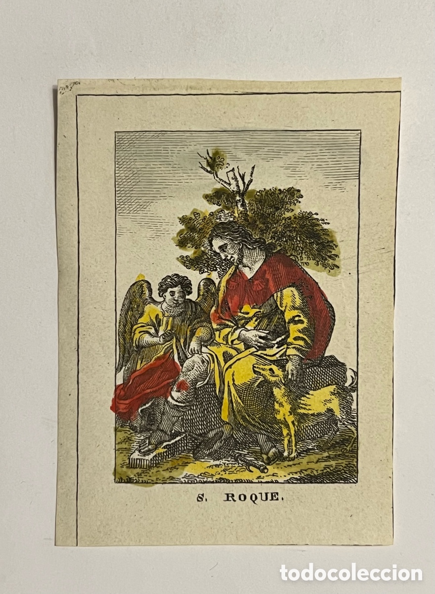 Arte: SAN ROQUE. Grabado litogr&aacute;fico coloreado.. an&oacute;nimo&hellip; (fin siglo XIX) Med&iacute;das: 10 x 7 cm