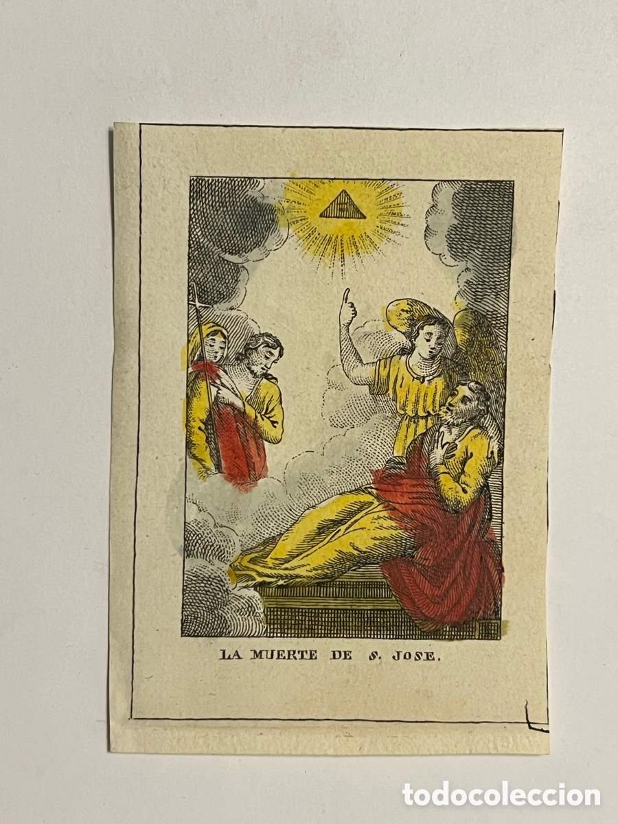 Arte: LA MUERTE DE SAN JOSE. Grabado litogr&aacute;fico coloreado.. an&oacute;nimo&hellip; (fin siglo XIX) Med&iacute;das: 10 x 7