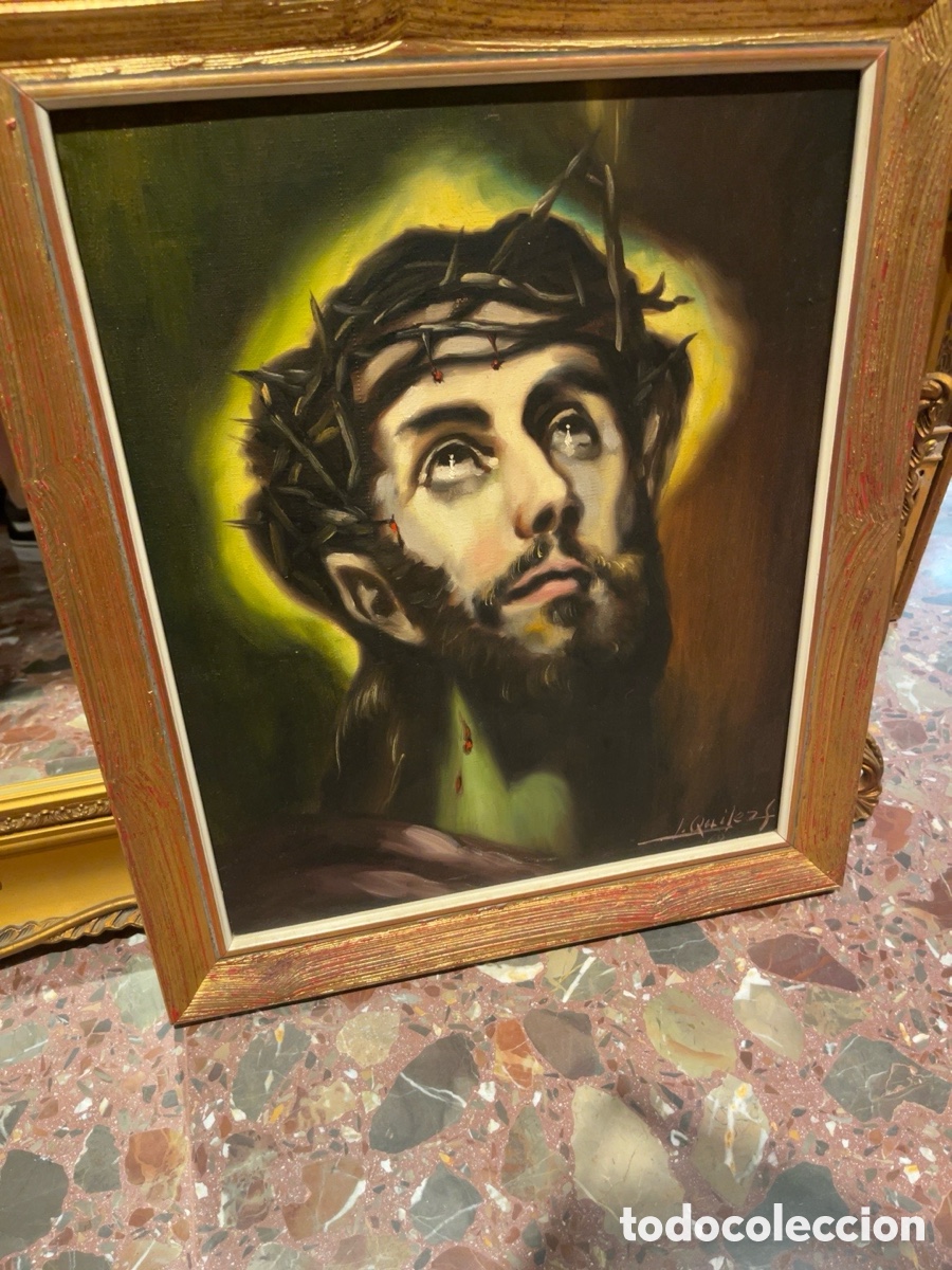 Arte: &Oacute;leo sobre lienzo de Cristo coronado de espinas firmado por Quiles