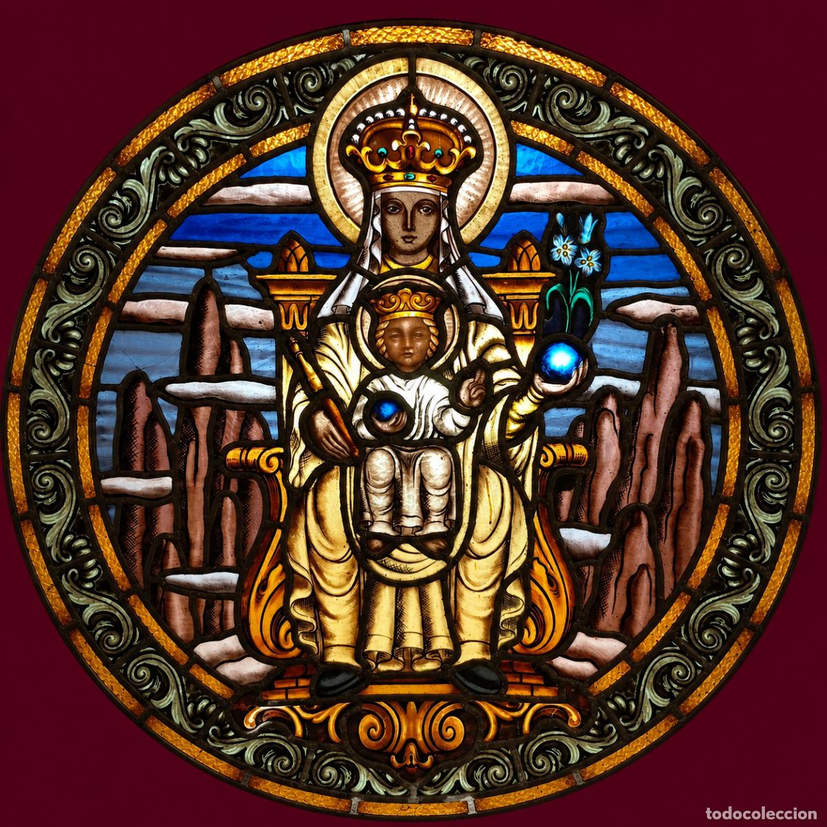Arte: VITRAL EMPLOMADO - MODERNISTA - S. XIX - VITRALL - MARE DE D&Eacute;U DE MONTSERRAT - VIRGEN - 90 CM