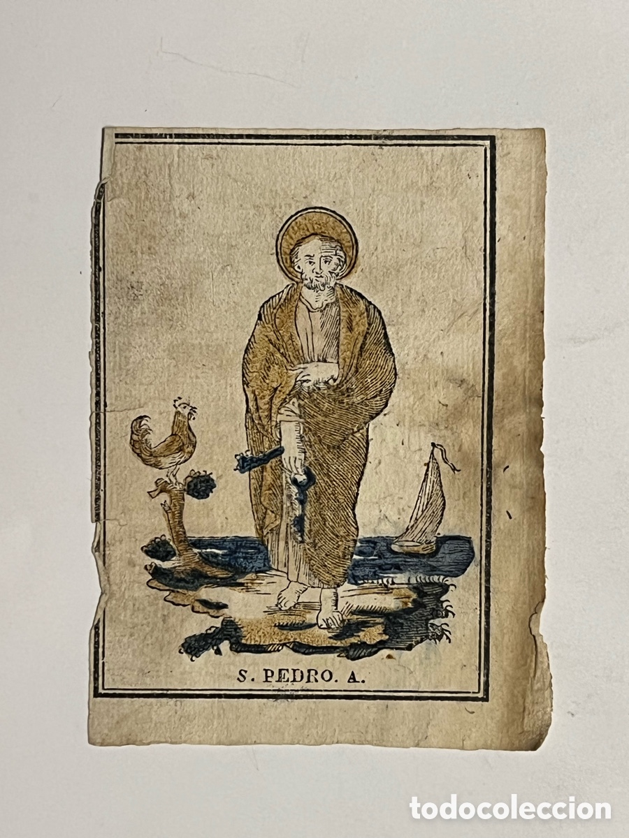 Arte: SAN PEDRO APOSTOL.. Grabado antiguo coloreado&hellip; (fin Siglo XVIII) Med&iacute;das: 8 x 11 cm