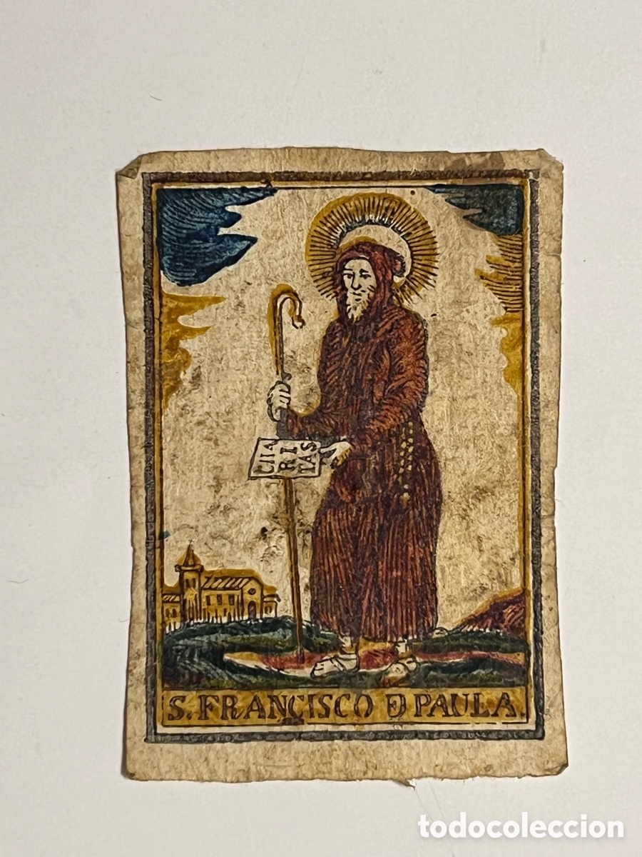Arte: SAN FRANCISCO DE PAULA. Grabado antiguo coloreado (fin siglo XVIII) Med&iacute;das: 5 x 7,5 cm