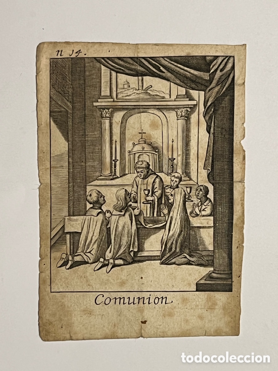 Arte: COMUNION.. Grabado antiguo No.14, iconograf&iacute;a Ignaciana.. Taller de Amberes.. ? (Fin Siglo XVIII)