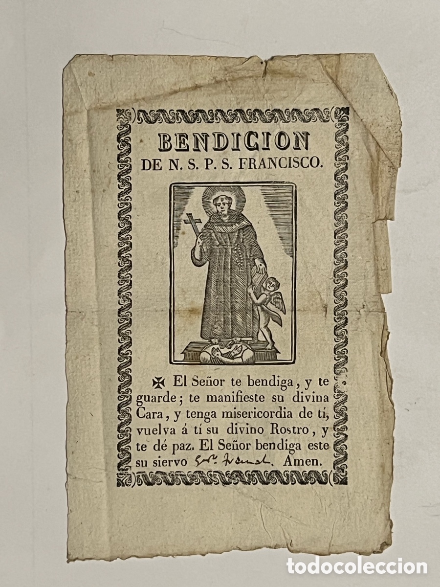 Arte: BENDICION de SAN FRANCISCO.. Antigua hojilla Grabado litograf&iacute;co.. (fin Siglo XIX) Med&iacute;das: 10 x 15