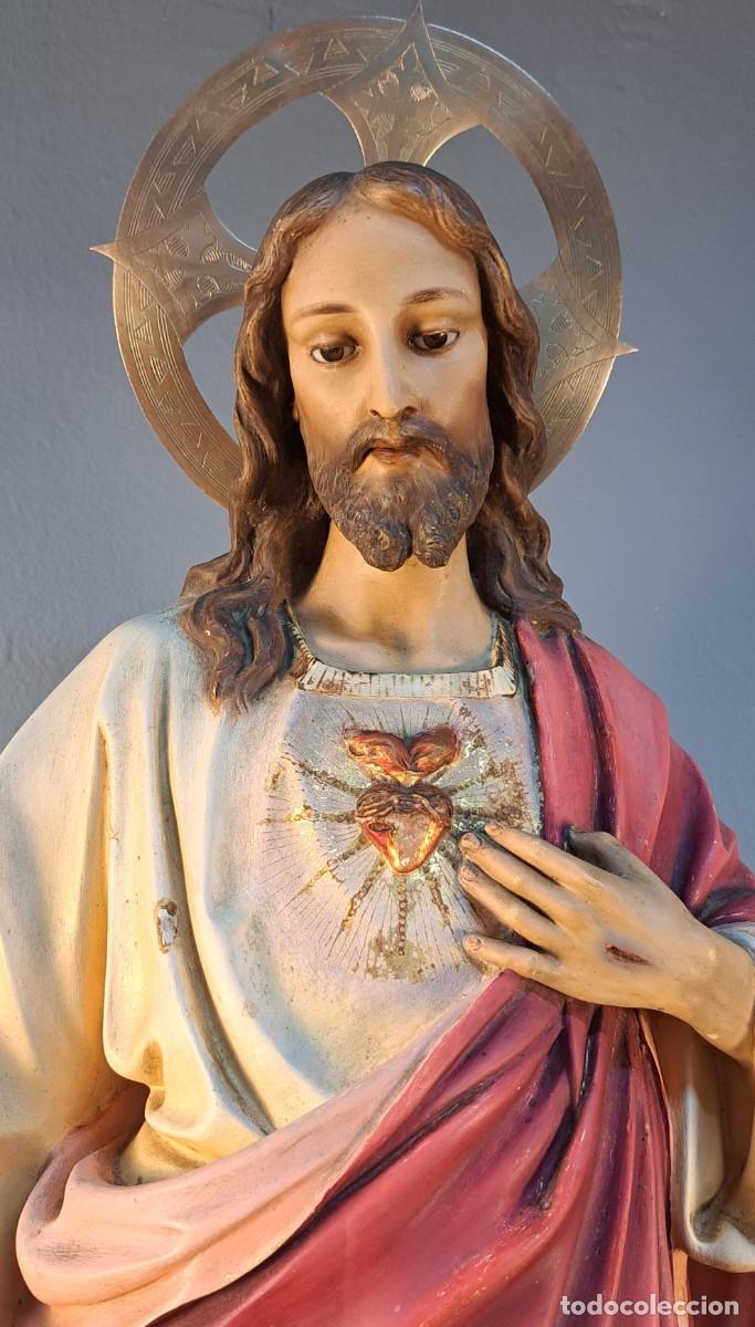 Arte: Sagrado Coraz&oacute;n de Jes&uacute;s, 91 cm, figura olotina siglo XIX