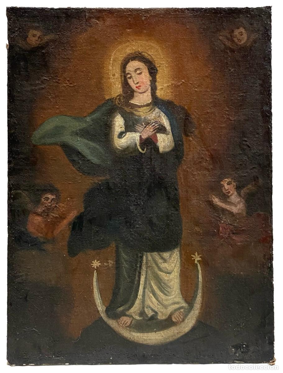Arte: Antiguo &oacute;leo sobre lienzo de la Inmaculada concepci&oacute;n con &aacute;ngeles de la guarda. S. XVII. 82x62