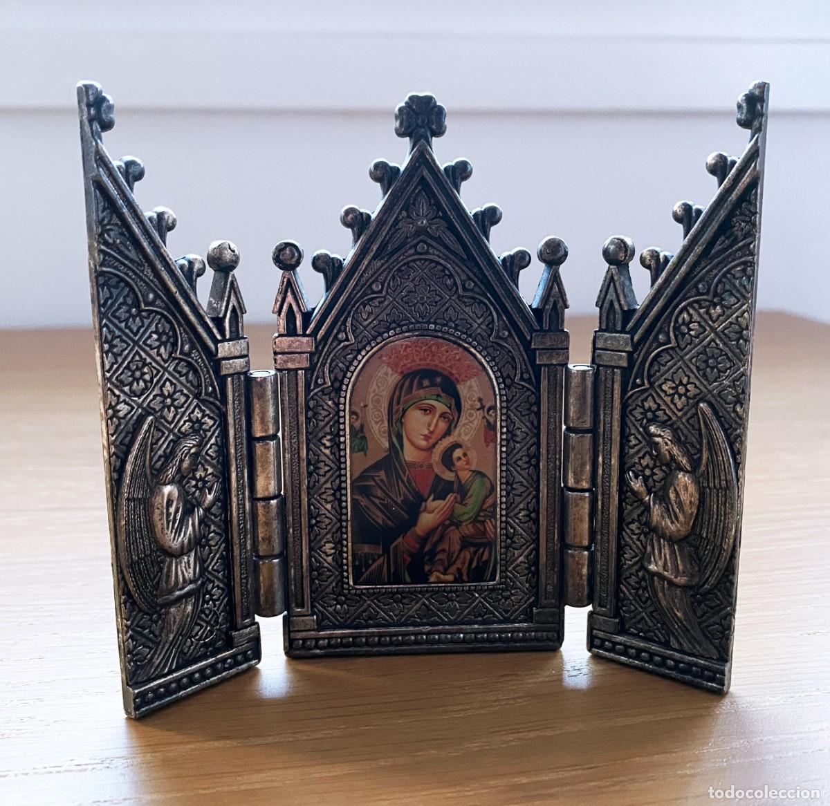 Arte: ANTIGUO TR&Iacute;PTICO RELIGIOSO NEOG&Oacute;TICO EN METAL - VIRGEN DEL PERPETUO SOCORRO Y &Aacute;NGELES