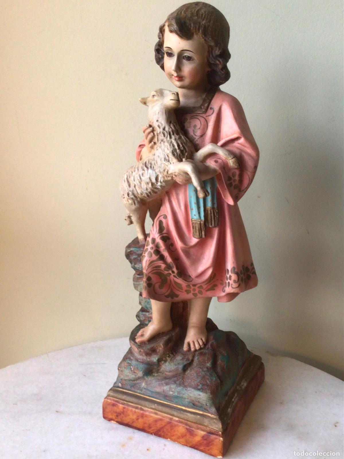 Arte: GRANDE Y MUY ANTIGUA FIGURA IMAGEN DE OLOT , NI&Ntilde;O JESUS CON CORDERO .39 CM ALTO