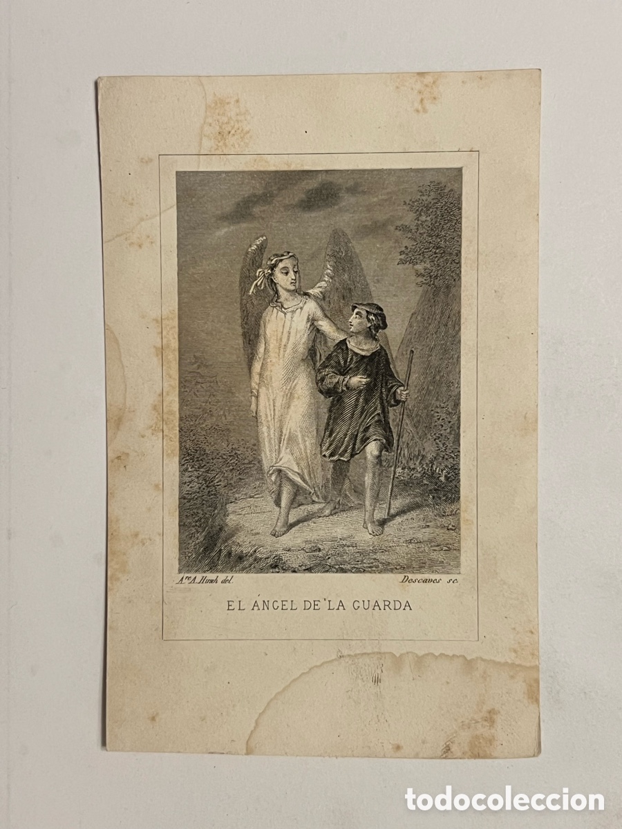 Arte: EL &Aacute;NGEL DE LA GUARDA.. Grabado litogr&aacute;fico L. Descaves.. Francia (inicios Siglo XX)