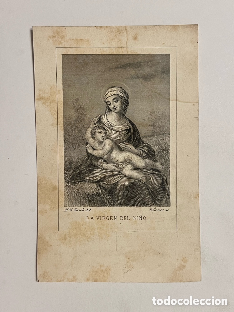 Arte: LA VIRGEN DEL NI&Ntilde;O.. Grabado litogr&aacute;fico L. Descaves.. Francia (inicios Siglo XX) Med&iacute;das: 13 x 8 cm