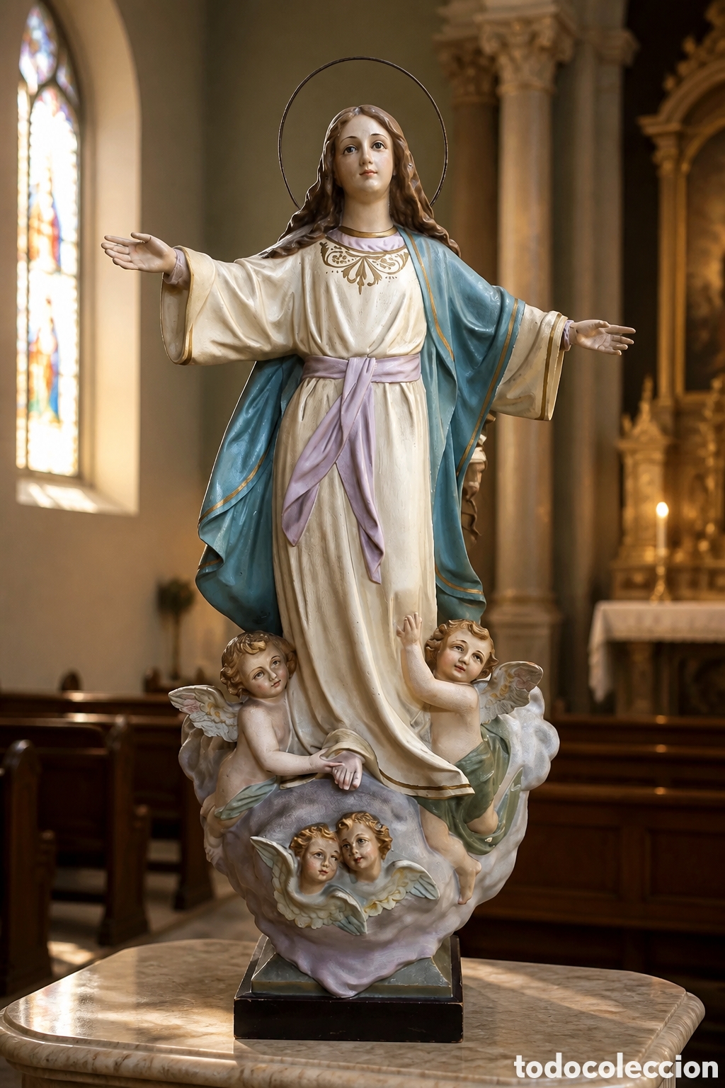 Arte: MAGN&Iacute;FICA IMAGEN RELIGIOSA VIRGEN INMACULADA CONCEPCI&Oacute;N OLOT, OJOS DE CRISTAL CON QUERUBINES. 52ALTO