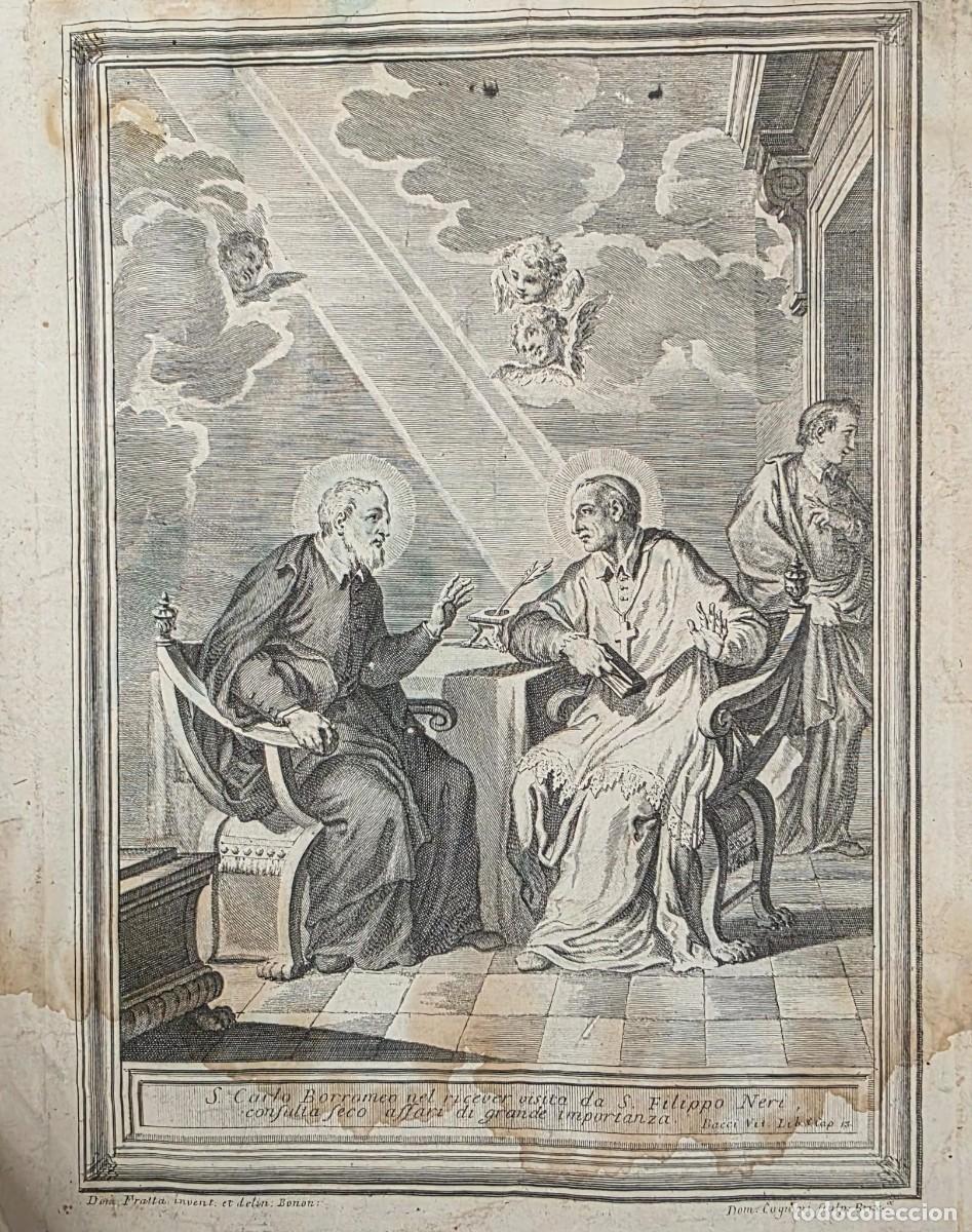 Arte: Grabado religioso San Felipe Neri y San Carlos Borromeo s. XVIII 27 &times; 22 cm