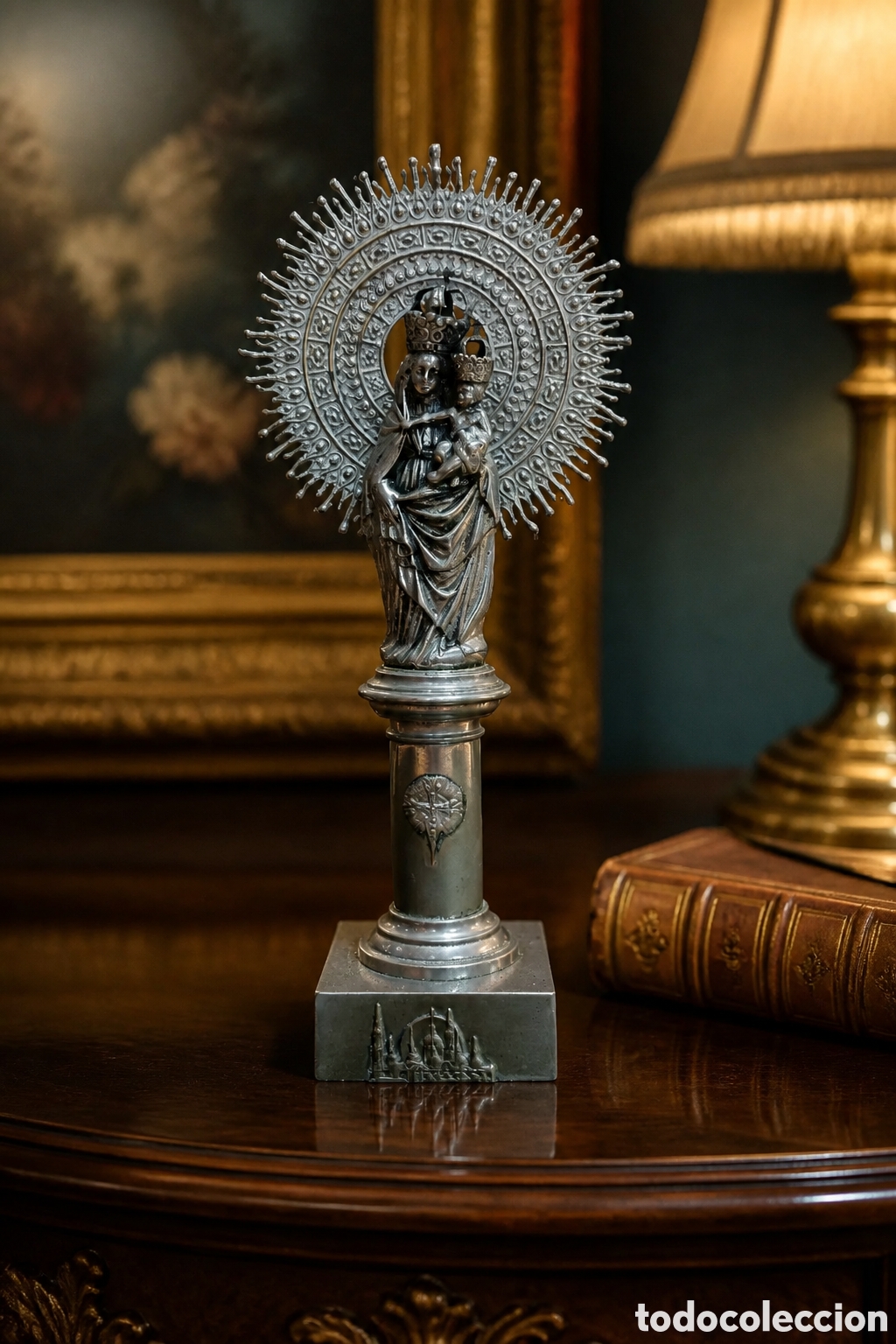 Arte: ANTIGUA IMAGEN RELIGIOSA VIRGEN DEL PILAR CIN NI&Ntilde;O JES&Uacute;S MENTAL PLATEADO. 26CM ALTO