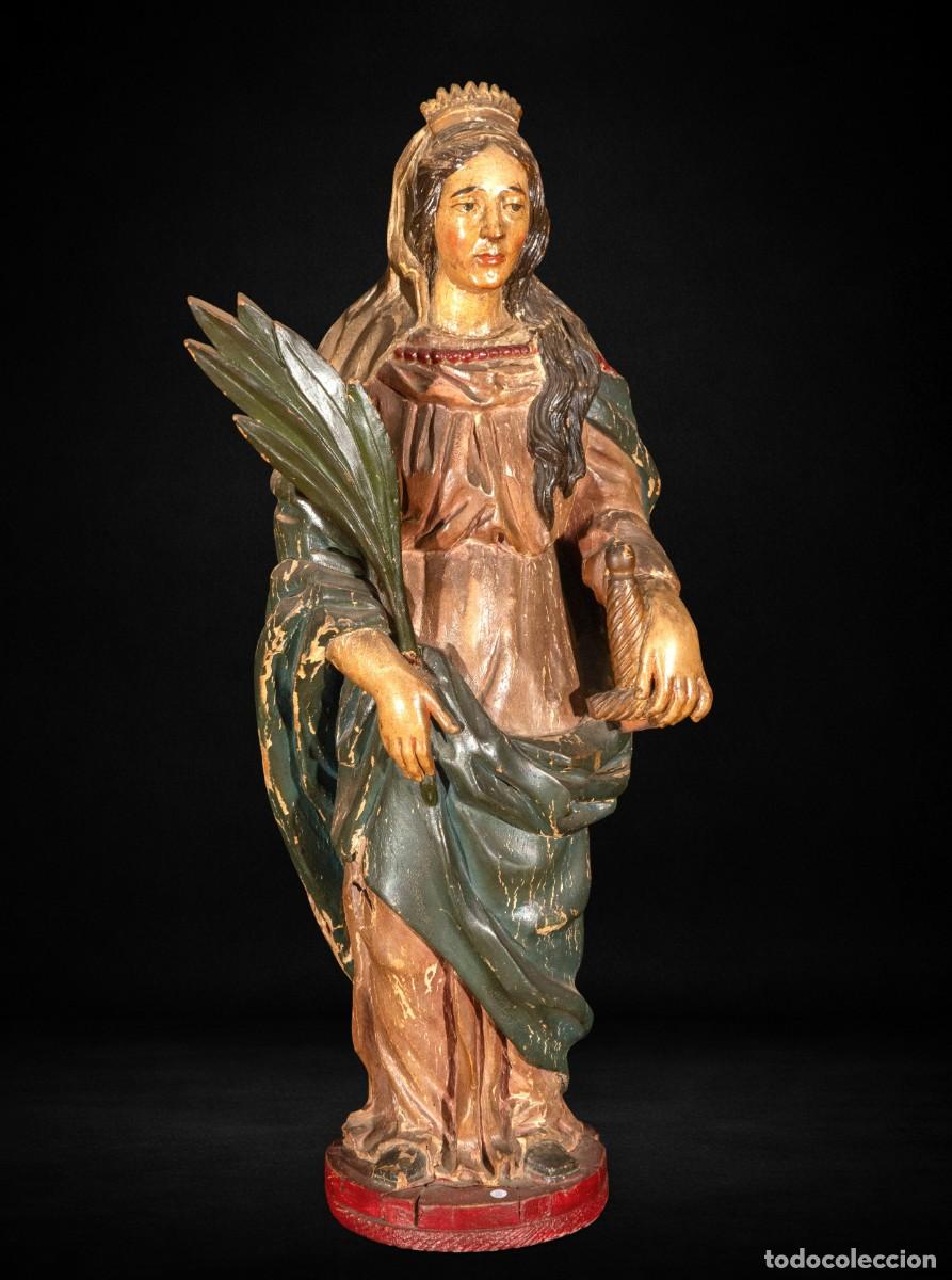 Arte: Santa Catalina de Alejandr&iacute;a talla madera policromada siglo XVIII 70 cm