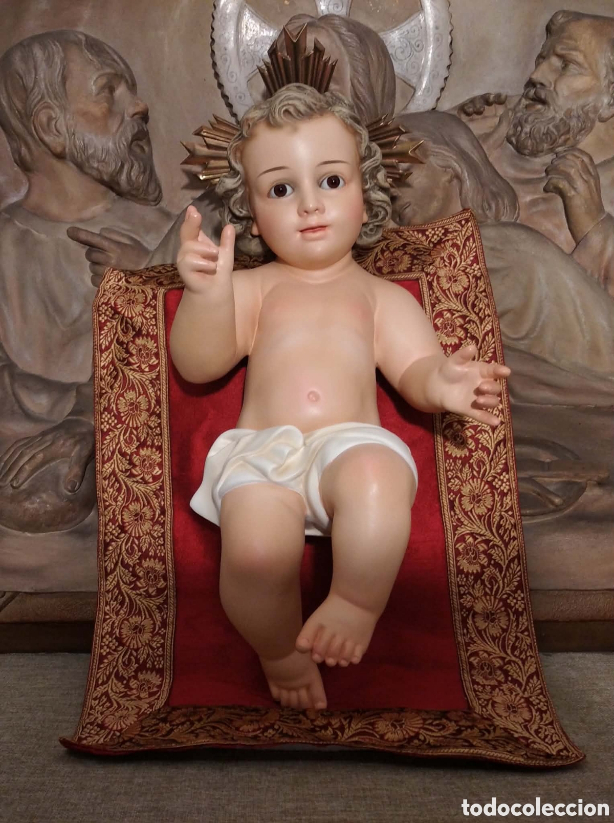 Arte: Ni&ntilde;o Jes&uacute;s 44 cm, sello Olot, ojos de cristal