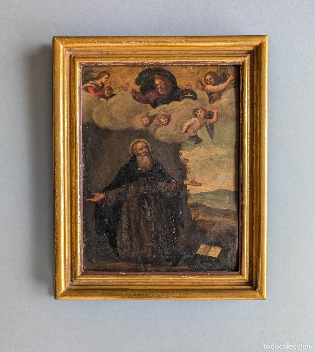 Arte: Antigua pintura religiosa sobre cobre c. S XVII, sin firma, marco dorado medida total 28 x 23 cm