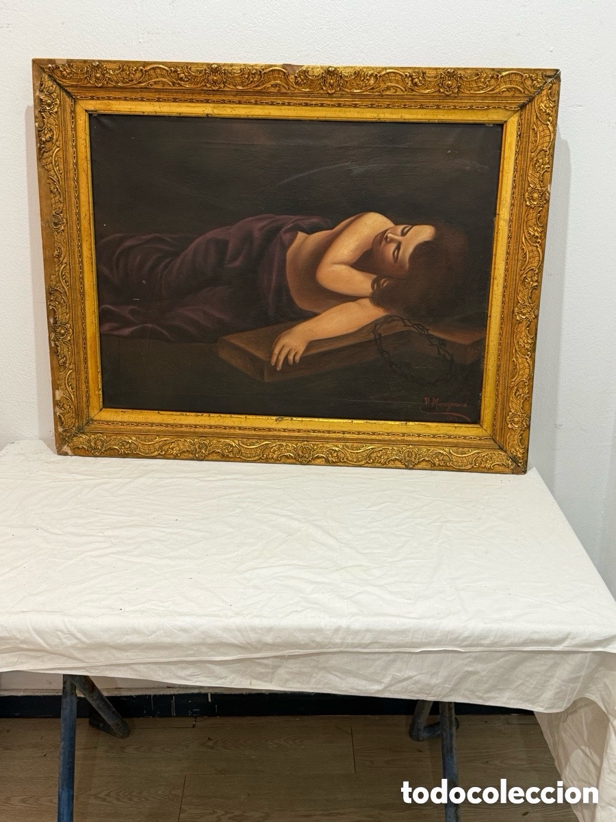 Arte: Mangran&eacute; 1914 - Ni&ntilde;o Jes&uacute;s dormido sobre la Cruz - &Oacute;leo sobre lienzo - Marco original de &eacute;poca