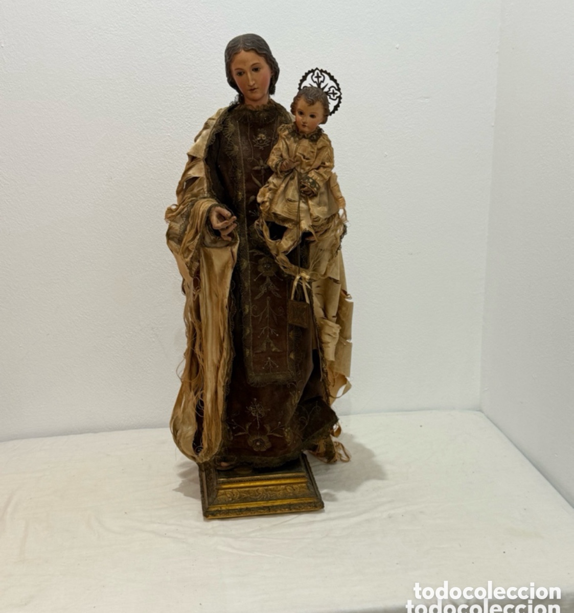 Arte: Antigua Virgen del Carmen cap i pota ca. 1780-1820 80cm madera policromada con Ni&ntilde;o gran calidad