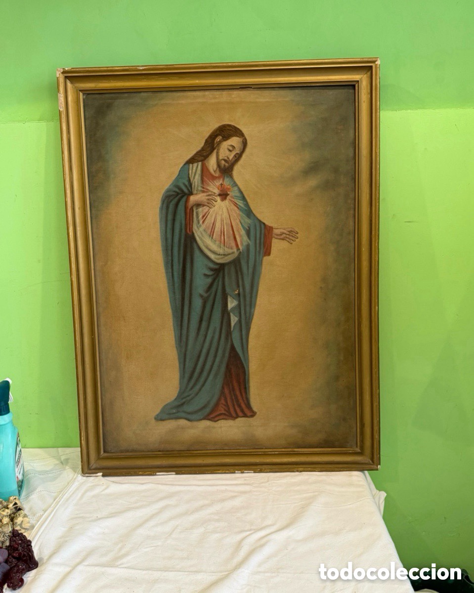 Arte: Antiguo &oacute;leo Sagrado Coraz&oacute;n de Jes&uacute;s gran formato 100 x 76 cm enmarcado principios siglo XX