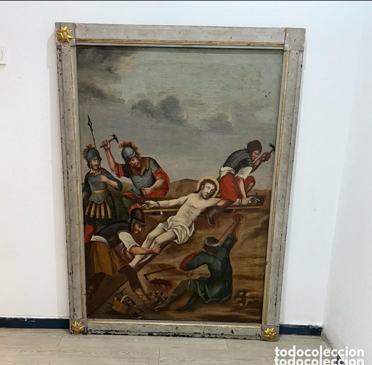 Arte: Gran &oacute;leo religioso barroco siglo XVII XVIII Crucifixi&oacute;n de Cristo Escuela espa&ntilde;ola . Marco original