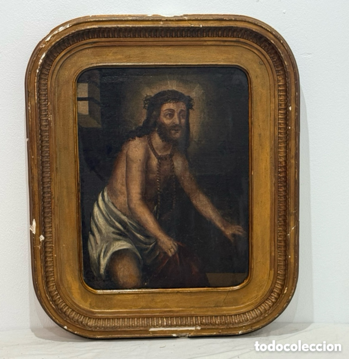 Arte: &Oacute;leo religioso Ecce Homo Cristo coronado de espinas siglo XVII/XVIII restaurado lienzo reentelado.