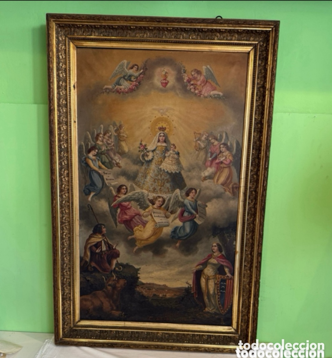 Arte: Antiguo &oacute;leo sobre lienzo coronaci&oacute;n de la virgen firmado Laureano Mercader a&ntilde;os 1886. (134X88 cm)