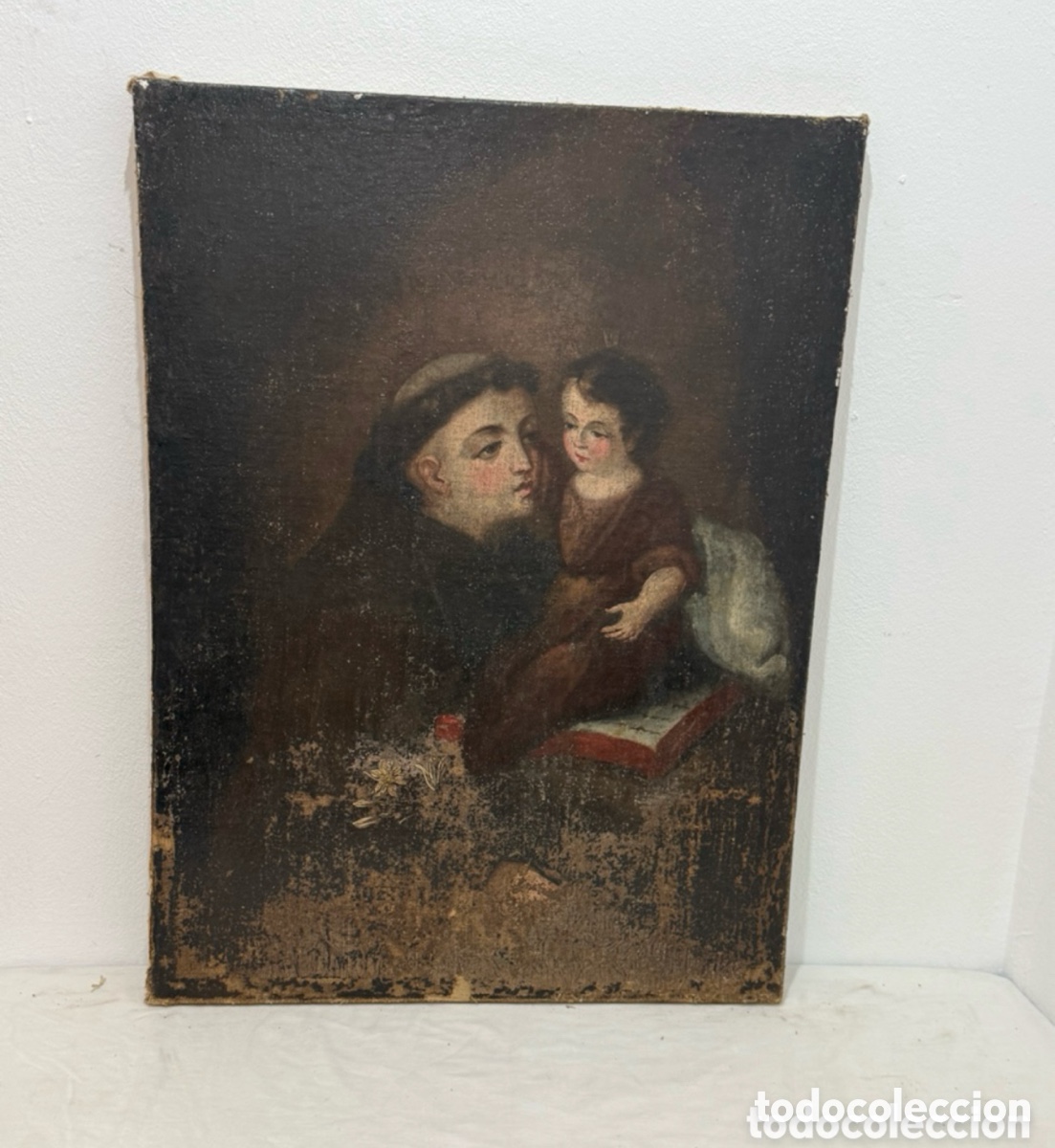 Arte: &Oacute;leo religioso antiguo San Antonio con Ni&ntilde;o Jes&uacute;s escuela espa&ntilde;ola siglo XVIII